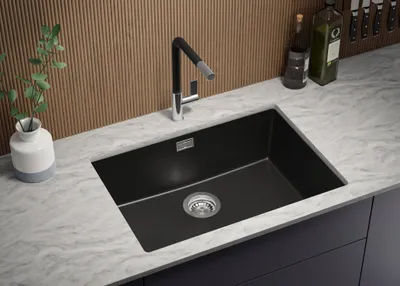 Produktbild von PRIMAGRAN Unterbauspüle Granit Alles Schwarz 66x47cm, Spülbecken 1 Becken + Ablauf-Set, Granitspüle ab 70er Unterschrank - London
