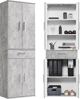 A multi-purpose cabinet shown in two configurations: a closed, tall unit on the left, and an open, shorter unit on the right displaying its interior shelves and contents.
