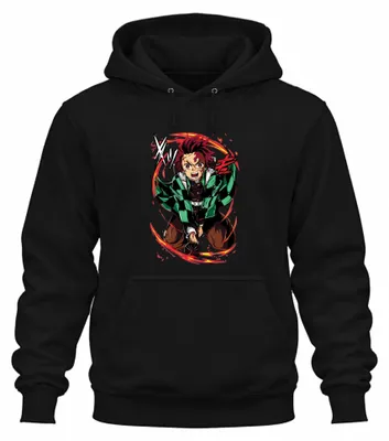 Obrázok produktu pre Tanjiro Kamado Demon Hunter Sword Flames Anime Gift Uni mikina s kapucňou, čierna, S