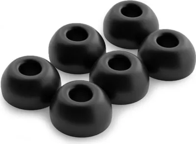 A group of black earbud tips on a white background.