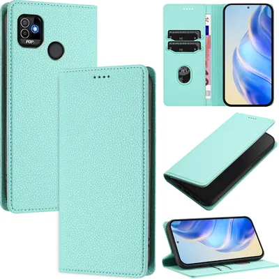 Immagine prodotto di Custodia in pelle per Tecno Pop 5, pelle Litschi, custodia a portafoglio con slot per carte e supporto Turchese