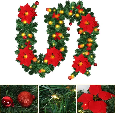 Produktbild von Ikodm LED-Weihnachtsgirlande 2,7 m, 50 LEDs warmweiß, Batteriebox, rotes Dekorationsset, Weihnachtsdeko für Tür und Treppe