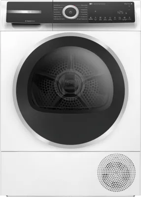 A front view of a white Bosch Serie 6 washing machine with a black door and control panel.
