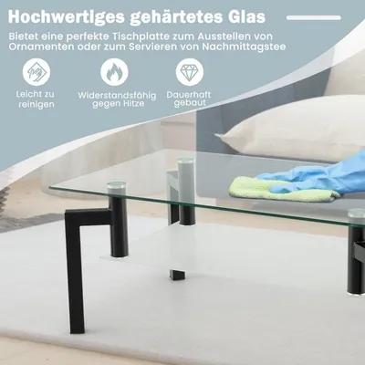 Image de Table basse en verre - 2 niveaux, verre trempé, cadre noir