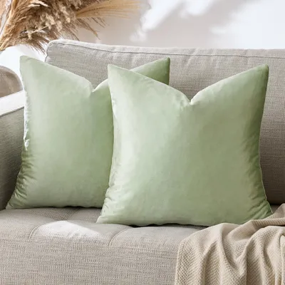 Produktbild von Set mit 2 salbeigrünen Samtkissenbezügen, dekorative Kissenhüllen für Wohnzimmer, Schlafzimmer, Sofa, Auto, 55 cm x 55 cm