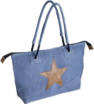 Produktbild von Gilde Tasche mit Stern und Applikationen blau, braunmit Kordelgriff und ReissverschlussMaterial: 85% Leinen, 10% Kunstleder,5% MetallBreite 49,0 cm Höhe 58,0 cm 48168