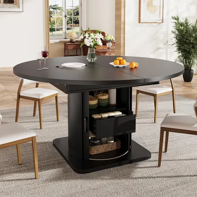Produktbild von Esstisch mit Schubladen Ausziehbar zu Oval Küchentisch Esszimmertisch Platz für bis zu 6 Personen 118-158 cm Schwarz