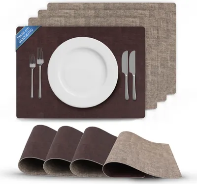 Obrázok produktu pre Podložky pod tanier, hnedé/béžové, obojstranné (štruktúrované), sada 4 ks, 46 x 33 cm, podložky pod tanier s koženým vzhľadom, utierateľné