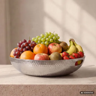 Produktbild von FineBuy Obstschale Rund Silber Schale Metall 38cm Tischdeko Moderner Obstkorb Hammerschlag Aluminium Dekoschale Griffe Alu Früchteschale Handmade, KI-generiertes Bild