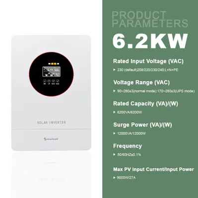 Immagine prodotto di Inverter solare ibrido - Off-grid MPPT - 6,2 kW 48 V - Onda sinusoidale pura - 230 V 50 Hz monofase - Regolatore di carica MPPT 120 A - PV 9000 W 60–500 V