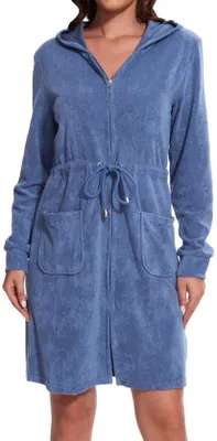 Produktbild von Ibenzoa® Damen-Bademantel aus leichtem Frottee (80% Baumwolle, 20% Polyester) mit Kapuze, Reißverschluss & verstellbarem Taillenband – kurzer Schnitt