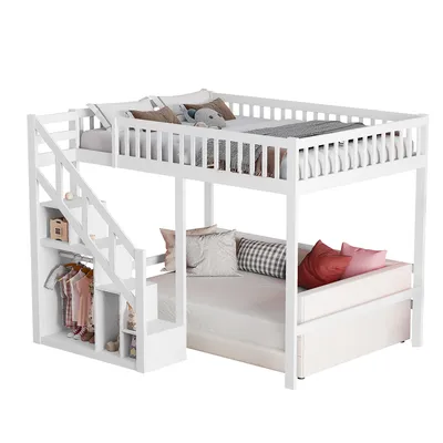 Produktbild von ProximaX Etagenbett 140x200cm mit Lattenrost, Kinderbett mit Rausfallschutz und Aufbewahrungsschrank, Hochbett mit Leiter und Regal, Massivholzbett
