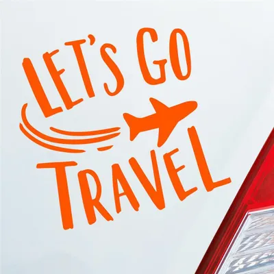 Produktbild von Auto Aufkleber Let's go travel Lass uns reisen Urlaub Holiday Car 10x10 cm Orange Sticker Heckscheibenaufkleber