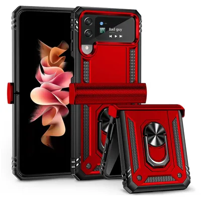 A red and black phone case with a ring stand is shown, with a phone inside the case.