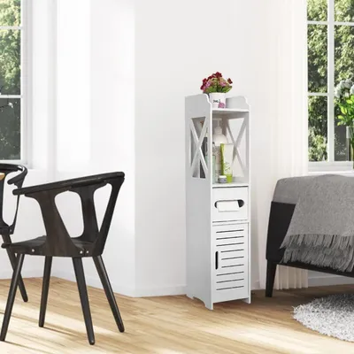 Image de Armoire de salle de bain blanche, étanche, avec étagères de rangement et porte, dimensions : 20 x 20 x 80 cm