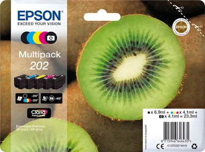 The image shows the packaging of an Epson multipack of ink cartridges, featuring a prominent image of a sliced kiwi fruit.