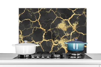 Produktbild von KitchenYeah® Spritzschutz Küche - Küchenrückwand - Wandschutz für Herd und Spüle - Marmor - Gold - Schwarz 80x55 - Alu-Dibond (Alternative zum Spritzschutz aus Glas) - Hitzebeständig - Herdspritzschu