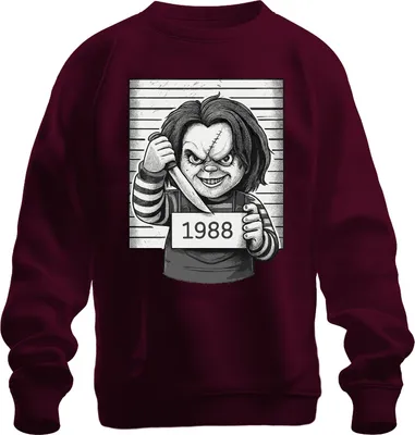 Obrázok produktu pre Chucky Mörderpuppe 1988 Horor Polizeifoto Killer Puppe Cult Uni mikina, bordová, M