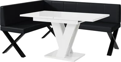 Produktbild von MEBLINI Eckbank für Esszimmer mit ausziehbarem Tisch  - Küchenbank - Essecke - Sitzecke Küche - PETER - X-Beine 128x168x87cm Links - Schwarz Kunstleder/M Weiß Hochgl.
