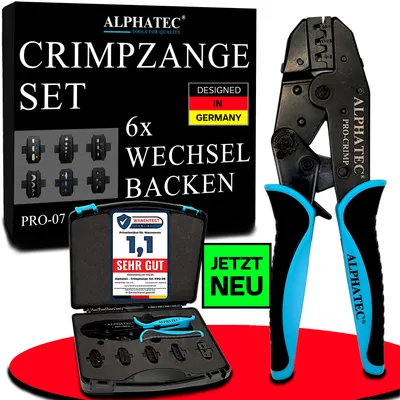 Produktbild von ALPHATEC® Crimpzange Set mit Wechselbacken [0,25-10mm²] Multi 7-teilig, Crimpzange Kabelschuhe, Aderendhülsenzange, Flachstecker, MC4 Zange PV Solar