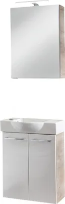 Produktbild von FACKELMANN SBC STANFORD Gäste WC Waschtisch Set mit Spiegelschrank 55 cm breit, Weiß/Braun hell, Türanschlag links  ideal für kleine Badezimmer