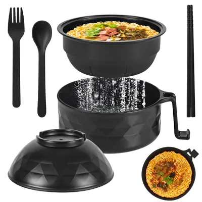 Mikrowellen-Ramen-Schüssel mit Deckel, 4-teilig, schwarz