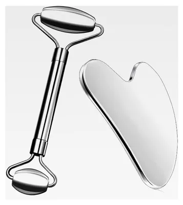 Produktbild von Gua Sha und Gesichtsroller aus Edelstahl, Massage-Set 2 in 1, für Augen, Gesicht und Körper, Hautpflege und Entspannung