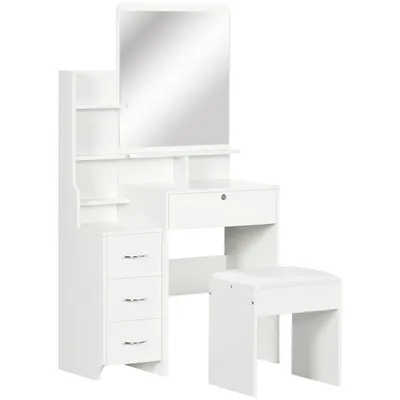 Image de HOMCOM Ensemble de coiffeuse table de maquillage avec tabouret rembourré grand miroir + plusieurs étagères ouvertes + 4 tiroirs blanc