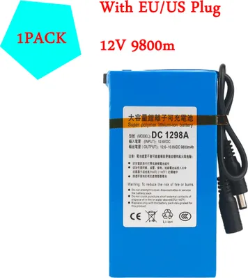 A blue rechargeable battery pack with black cables and a label with product information.