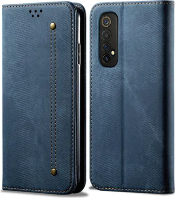 A blue flip-style phone case for an OPPO Realme 7 is shown from the front and back.