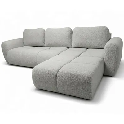Produktbild von Ecksofa Agnello mit Schlaffunktion – Premium-Steppung, Bouclé-Stoff, Bettkasten | 290 × 185 cm | Recht | Hellgrau