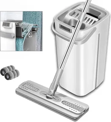 A white mop and bucket set is shown against a white background.