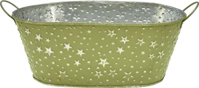 Produktbild von Grüne Metallschale Oval mit Sternen und Griffen 31×16cm H12,5cm
