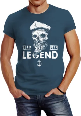 Produktbild von Herren T-Shirt Skull Captain Legend Totenkopf Bart Kapitän Slim Fit Neverless® denim blue XL