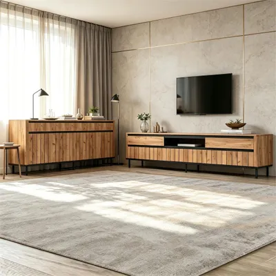 Produktbild von Merax Wohnzimmer Möbelset, TV-Schrank 180 cm mit Sideboard 160 cm, TV Lowboard für 75 Zoll Fernseher, Lamellenfront, Stauraum Möbel, Naturholz Schwarz