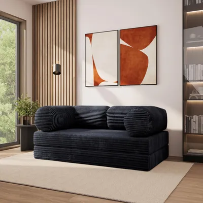 Produktbild von Masseno Schaumstoffsofa ALVIO mit Schlaffunktion, Schlafsofa, Wohnzimmersofa, Couch, Sofa, Bettsofa, Kordstoff – Schwarz TILIA 100