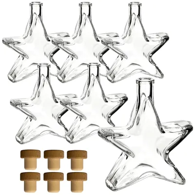 Produktbild von gouveo 6er Set Glasflasche 200 ml Stern transparent mit Korken (HGK) - Kleine Weihnachtsflasche in Stern-Form - Sternflasche als Weihnachtsdekoration