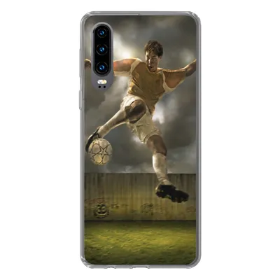 Produktbild von MuchoWow® Handyhülle Schutzhülle Hülle für Huawei P30 Eine Illustration eines Fußballspielers, der den Ball schießt - Jungen - Kinder Silikon Softcase Handy Hülle - Kartenbesitzer