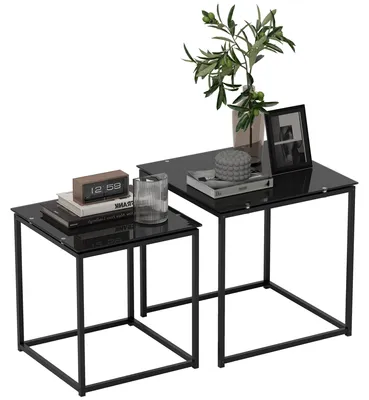 Produktbild von 2er-Set Beistelltische, modernes Design, stapelbar, Glastisch, Schwarz