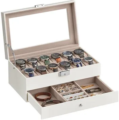 Immagine prodotto di Vetrina per orologi con coperchio in vetro, 2 ripiani, indicatore delle ore a ore 12, chiudibile ermeticamente, 1 cassetto, per orologi e cinturini, idea regalo, rivestimento esterno inPoliuretanobianco, fodera color crema