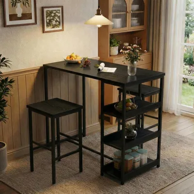 Produktbild von Bartisch Set 3-teilig für 2 Personen mit 2 Aufbewahrungsregalen und Glashalter, Schwarz, 90x50x91.5 cm