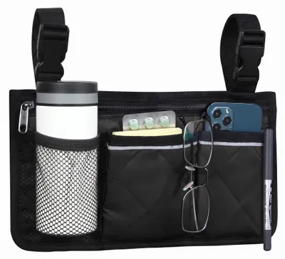Produktbild von Omgoods – Aufbewahrungstasche für Rollstuhl mit Getränkehalter und reflektierendem Streifen