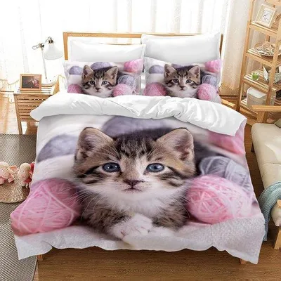 Image de Ensemble de literie Famanu, 135 x 200 cm, motif chat en 3D, rose
