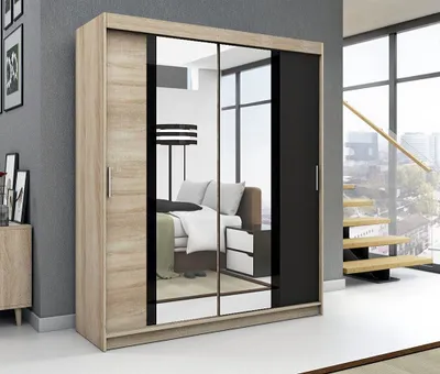 Produktbild von Schwebetürenschrank, 2-türig Schrank! Moderne Garderobe für Kleidung. Verschiedene Farben (Weiß, Schwarz, Somona) Kleiderschrank BRANI  180 cm