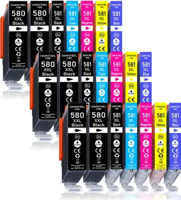A collection of printer ink cartridges arranged in rows.