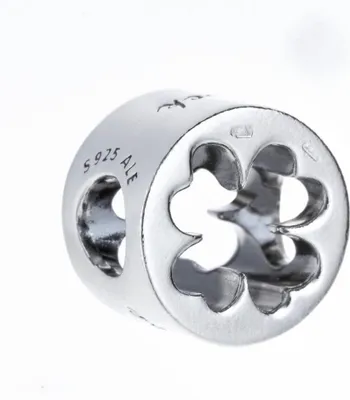 A close-up studio shot of a silver charm.