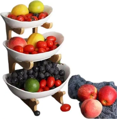 Image de Assiette de service à 3 niveaux en porcelaine blanche, motif fruits