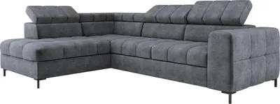 A dark gray sectional sofa with adjustable headrests is shown against a white background.