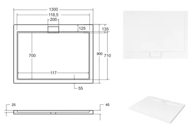Zdjęcie produktu dla Brodzik Posadzkowy Prysznicowy Prostokątny 130x90x4,5 Akrylowy, Gładki | w zestawie - Syfon, odpływ ⌀50 mm | BADLAND AXIM SLIM