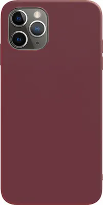 A close-up back view of a burgundy smartphone case.